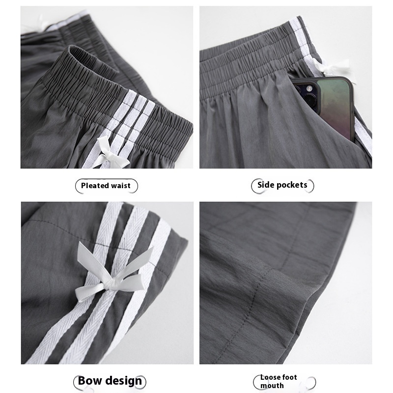 White bow sports shorts for women in summer, thin design, 2024 new wide leg casual quick drying striped five quarter pants
