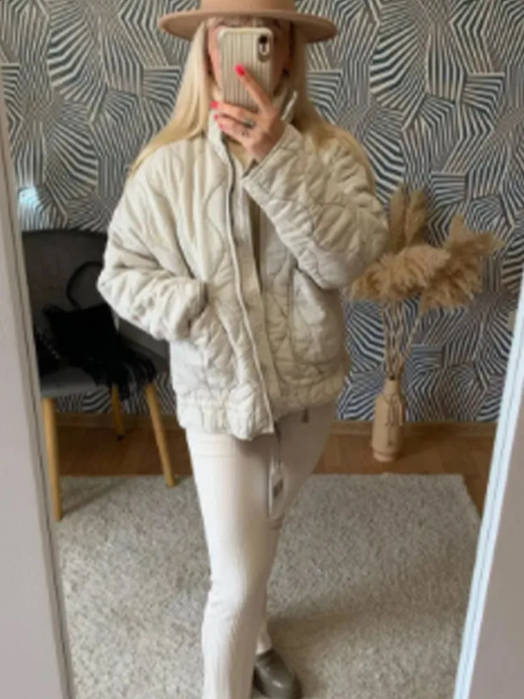 Fashion pure cotton womens jacket winter stand collar pocket quilted jacket womens thick long sleeved zipper womens jacket 240924
