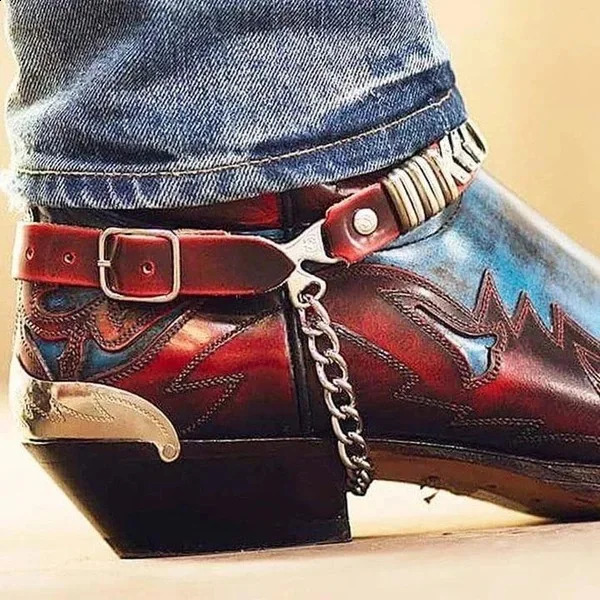 Chunky Heel Western Cowboy Men Boots Color Block Buckle Biker Botines Embroidered Chain Large Pointed Toe Mid-Calf Botas 240921