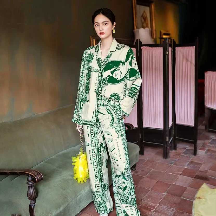 Vintage Dollar Print Pajamas For Woman Ice Silk Comfortable Homewear Sleepwear Lounge Size Autumn Shirt Sets M240925