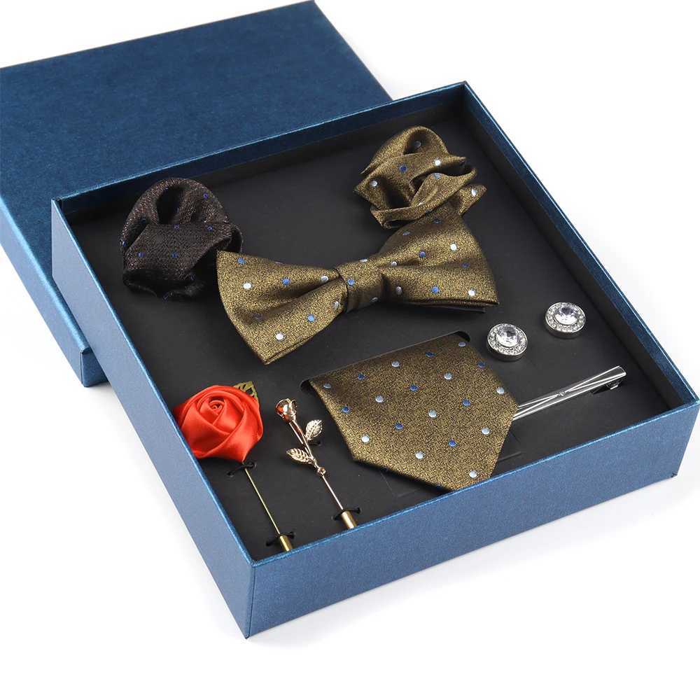 Mens Tie Set Gift Deluxe Collar Bow Pocket Square Cufflink Clip Brooches 8piece Set Wedding Party Business Mens Tie Set Y240925