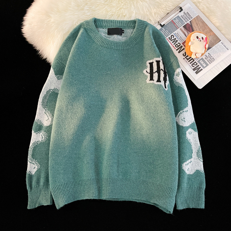 Mens Streetwear Fashion Sweater O-Neck Halloween Theme Skeleton Print Long Sleeve Swearshirt Tops Ripped Knit Jumper