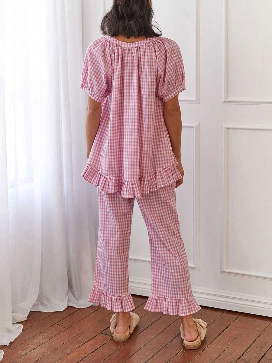 Womens 2 Piece Pajama Set Short Sleeve Plaid Print Button Up Shirt + Ruffle Pants Set Sleepwear Loungewear M240925