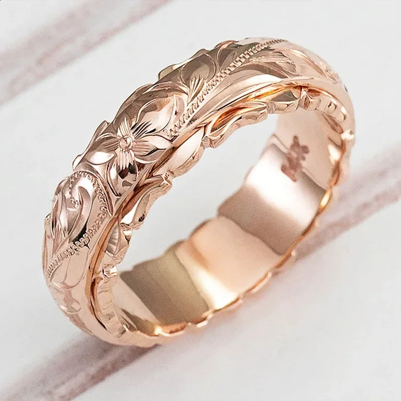 wer Yellow Rose Carved Ring 14k Gold Rings for Women and Men - Unique Anniversary Wedding Band 4 s B