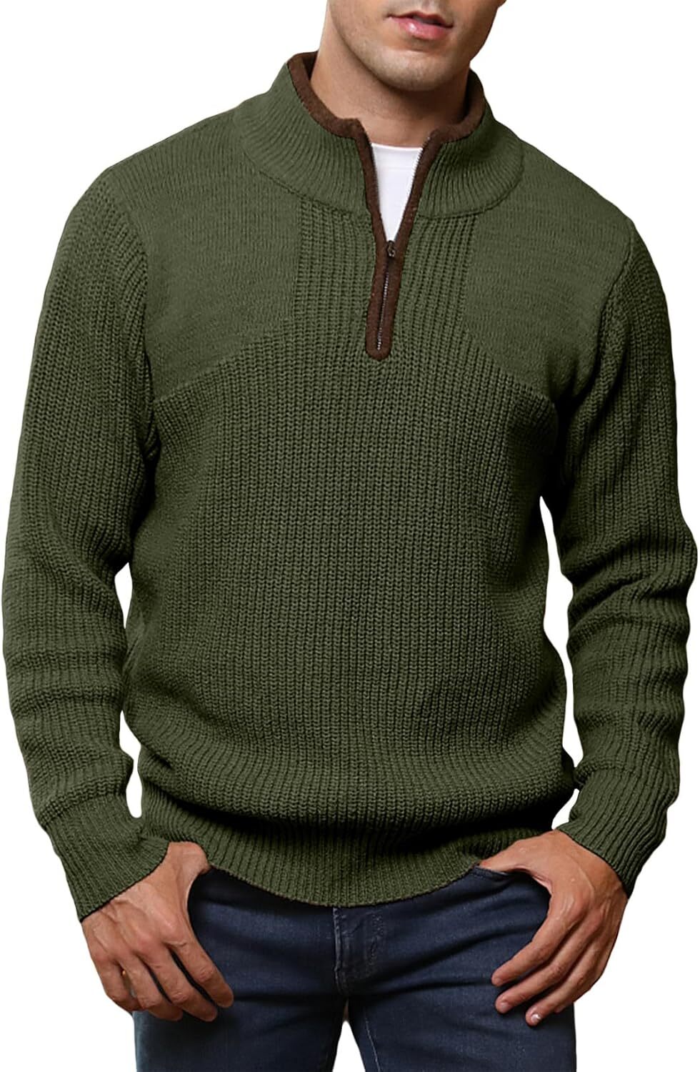 Men's quarter zipper sweater, lightweight enterprise collar casual long sleeved knitted solid color pullover sweater