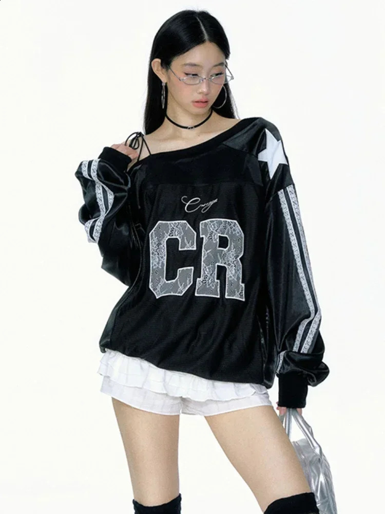 DEEPTOWN Y2K oversized sportswear womens autumn streetwear retro letter printed sexy lace shoulder sports top Kpop 240926