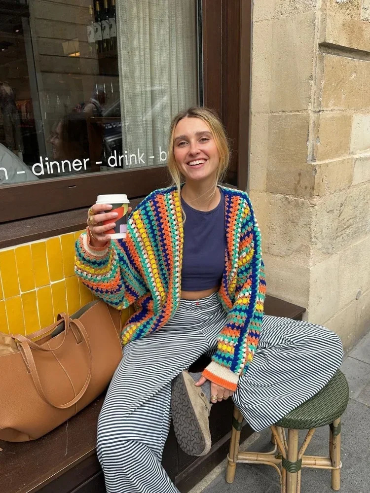 Women Elegant Colorful Striped Knitted Cardigan Fashion Long Sleeves Loose Sweater Coat 2024 Autumn Lady Commuting Street Tops 240919