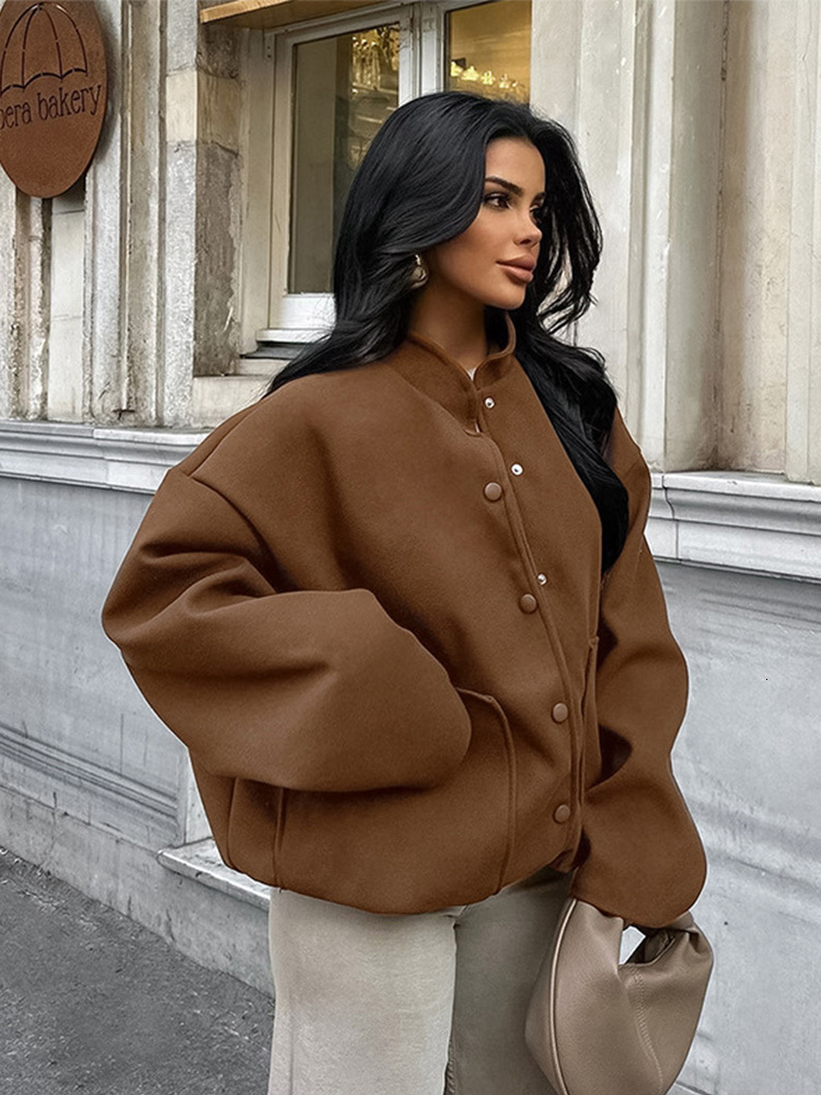 Retro Casual Woolen Button Brown Coats Women Loose Stand Collar Jackets With Pockets Female Autumn Chic High Street Outwear