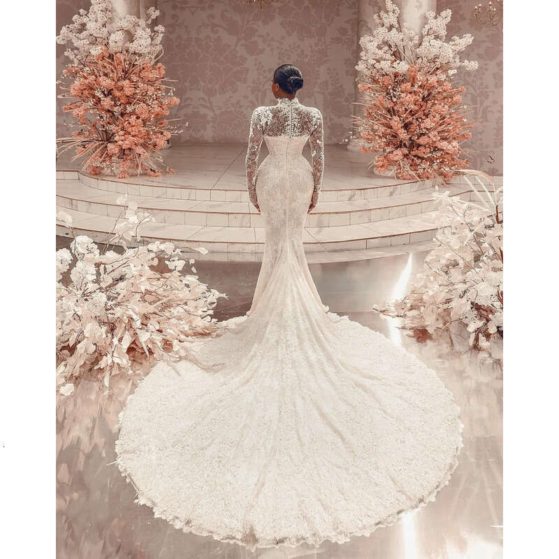 Chart Vintage Dress Mermaid High Neck Fulllace Long Sleeves Plus Size Wedding Dresses Bridal Gowns Button Back Sweep Train Lacefull Robe De Mariage Es