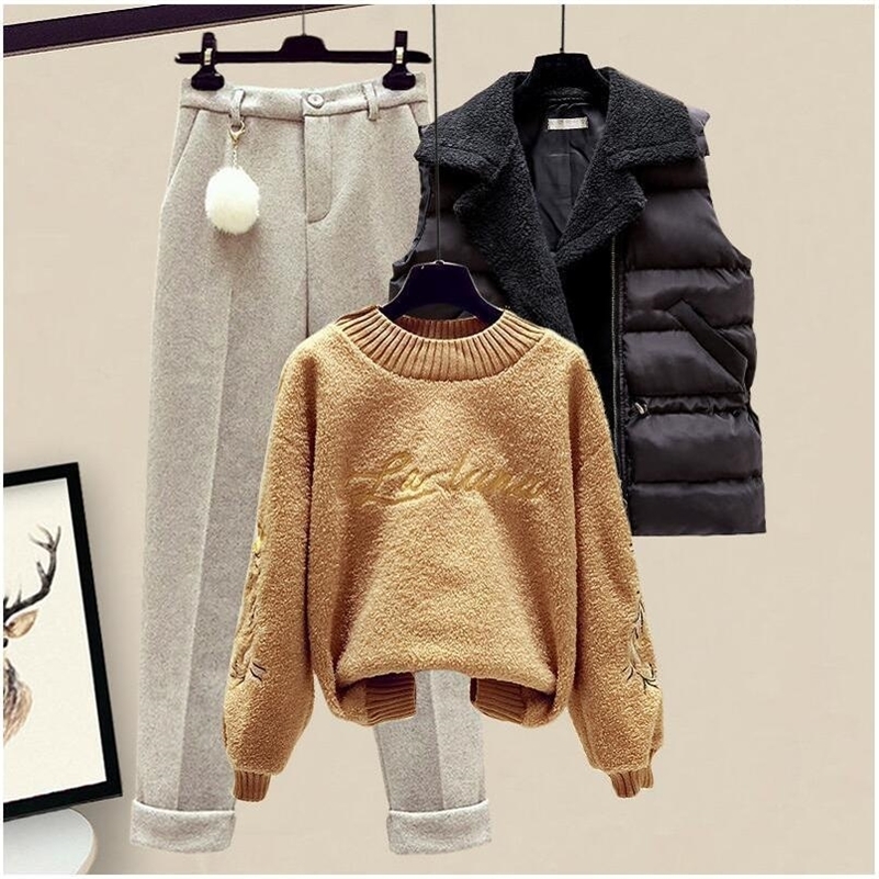 Thickened Cotton Jacket Vest Knitted Long Sleeved Sweater Pullover Woolen Pants Three Piece Elegant Womens Set y240925