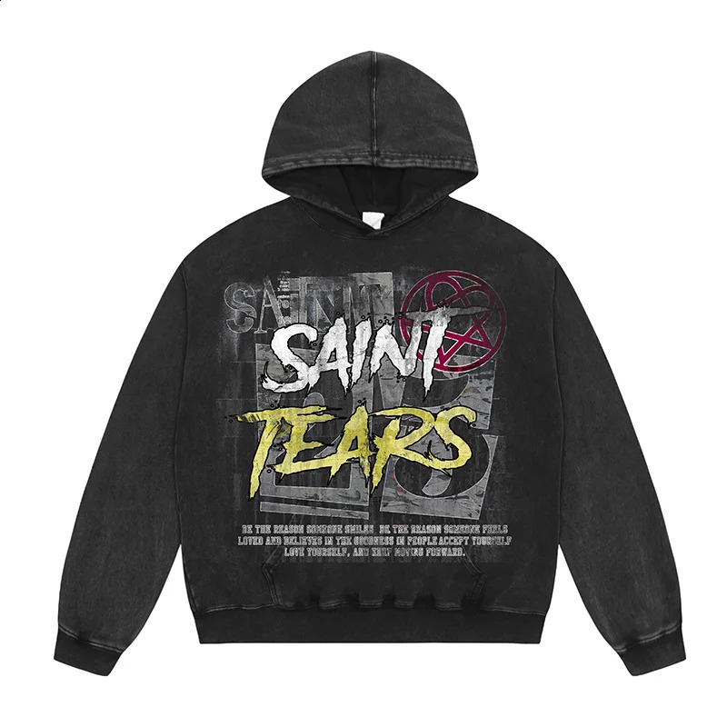 Classic Letters Graffiti Print Saint Tears Hoodie Hooded Men Women Quality Cotton Washed Green Oversized Pullovers 240920