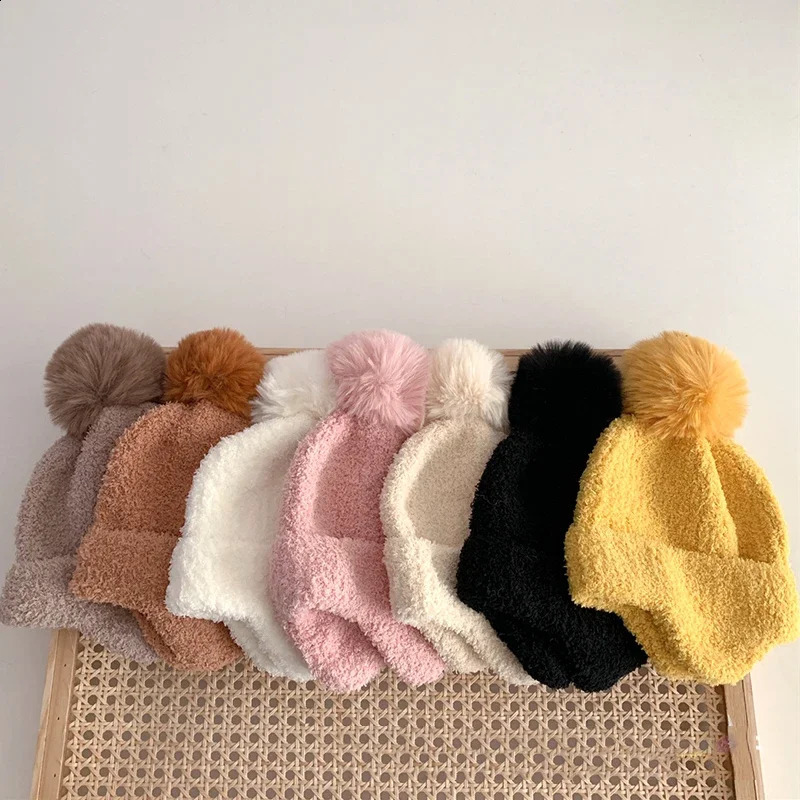 14 year old born baby children girls boys winter warm and soft knitted hat fur ball fluffy solid color elastic cute bear 240925