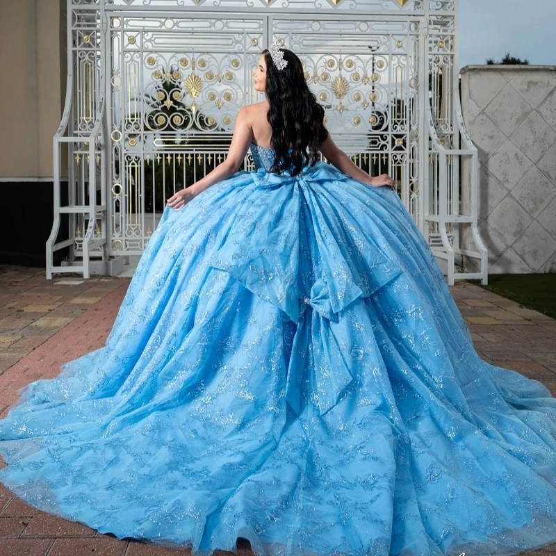 Mexican Sky Blue Quinceanera Dresses Ball Gown Sequin Lace Appliques Beads Bow Tull Sweet 16 Dress Princess Lace Up Vestido De 15 Anos