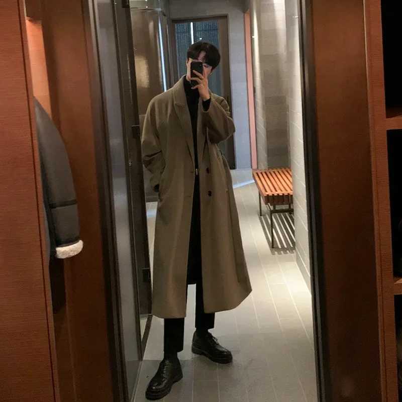 Mens style Korean trend winter wool jacket mens casual loose fit solid wool windproof jacket Coats Street thick warm trench jacket W240925