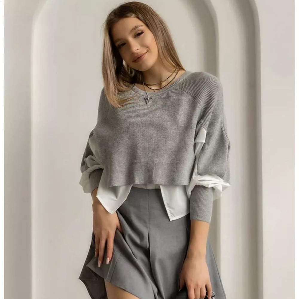 Autumn European Womens Sweater Splicing Shirt Two Piece Set Western Knitted Top 240926
