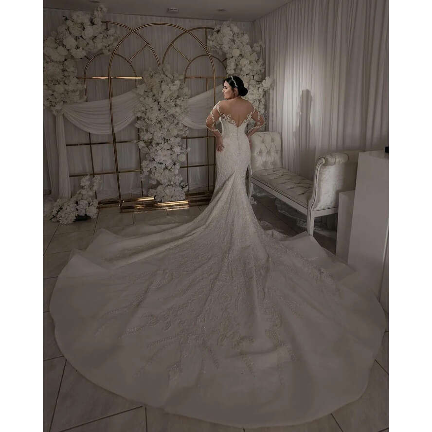 Wedding Lace Vintage Mermaid Dress 2024 Full Sleeve Jewel Neck Sexy Backless Boho Dresses Bridal Gowns Robe De Mariage Vestido Novia
