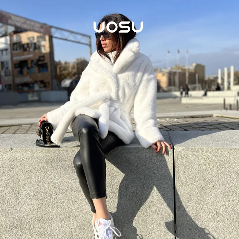 White Belted Faux Fur Coat Women Fluffy Lapel Collar Thick Warm Plush Jacket Chic Ladies Street Fashion Winter Overcoats Outfits