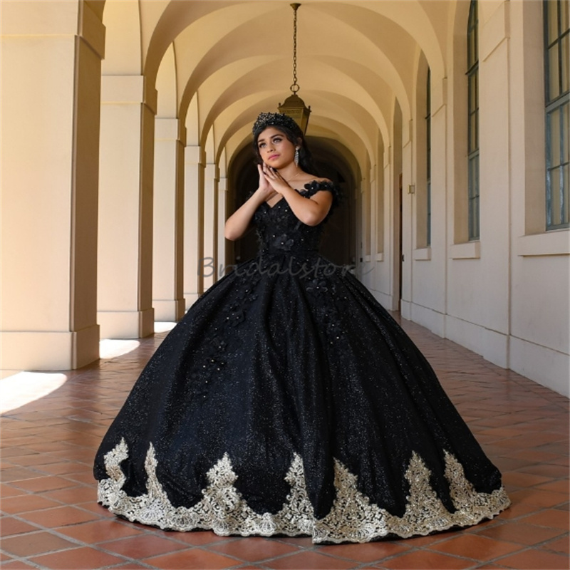 Sparkly Black Charro Quinceanera Dresses With 3D Florals Off Shoulders Glitter Appliques Lace Mexican Birthday Party Dress 2025 Halloween Gothic Debut