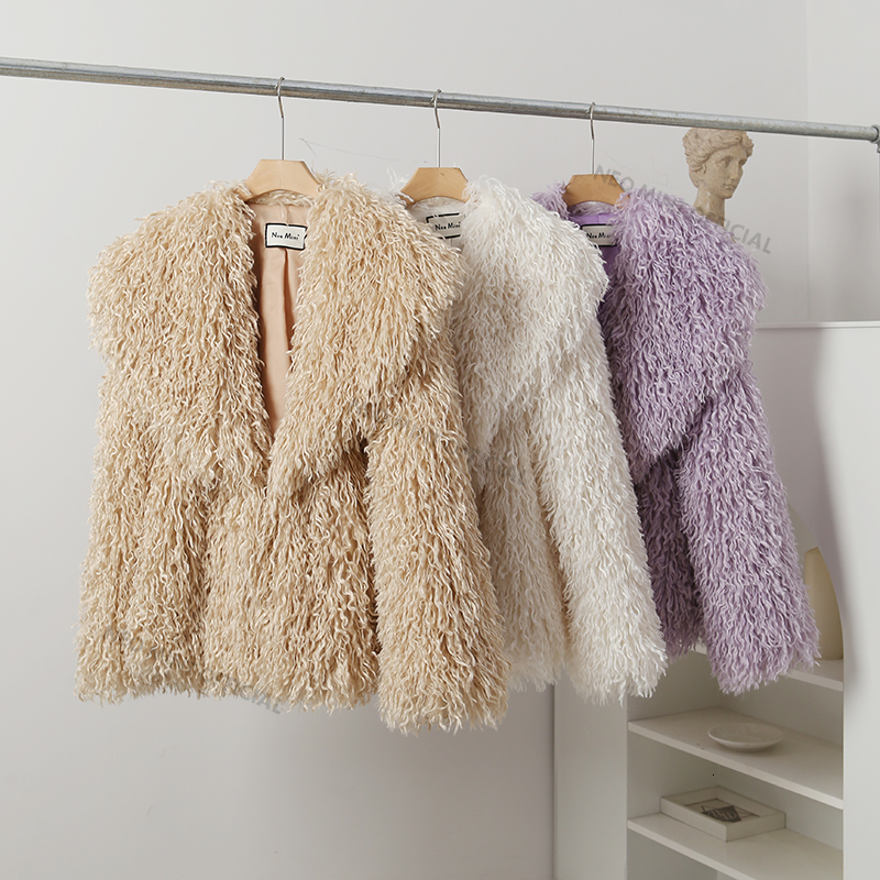 Neo Mint 2024 Winter Elegant Lapel Faux Coat Women Blogger Brand Fashion Loose Solid Outerwear Curly Hairy Fur Jacket Female