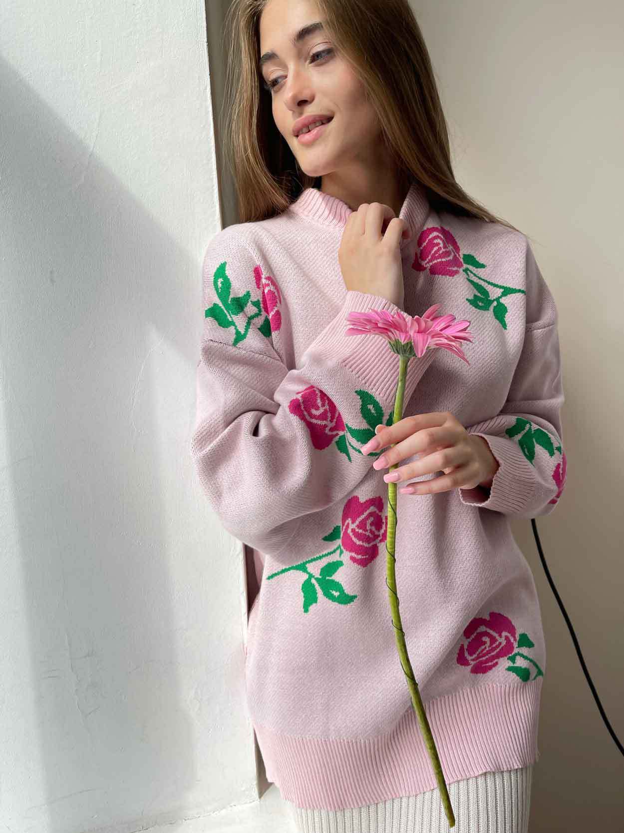 OMCHION Sweater 2024 Fall Korean Style Knitwear Rose Print Sweaters New Loose Winter Clothes Women