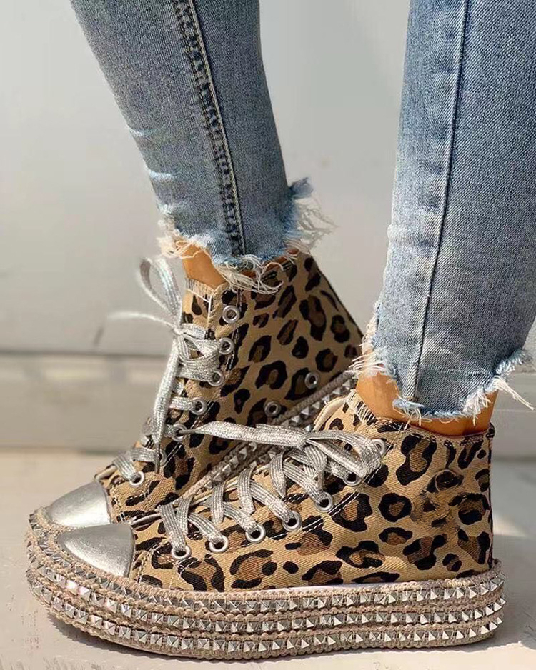 Women's Casual Fashion Studded Leopard Print Canvas For Women Lightweight Breathable Vulcanized Shoes Atos Mujer