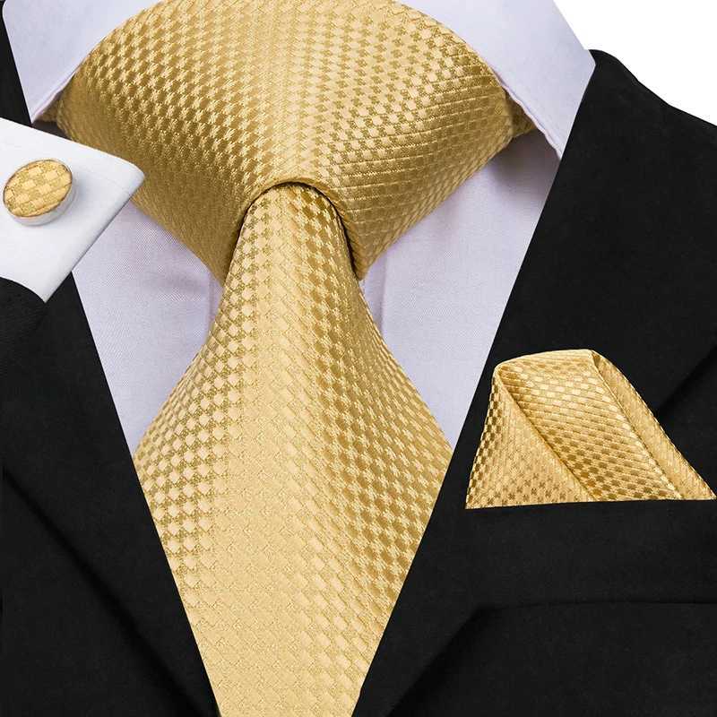 Hi-Tie Solid Gold w Silk Ties For Men Handky Cufflinks Set Fashion Gift For Mens Tie Wedding Business Necktie X2504071