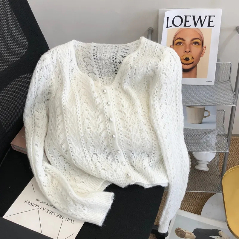 Women Knitted Cardigan Sweater Jacket Fashion Spring Autumn 2024 New Versatile Leisure Thin Style Hollowing Out Ladies Top Coat