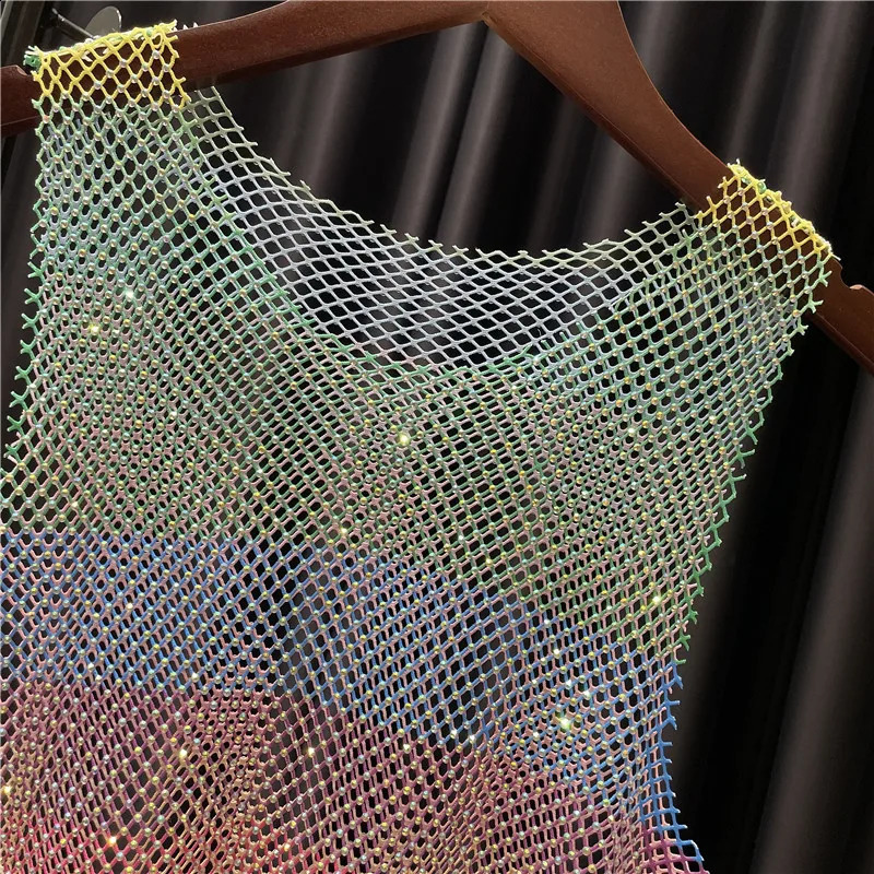 Women Men Neon Crystal Colorful Rhinestones Shiny Sexy Y2K RainbowTank Tops Party Club Sexy See Mesh Hollow Out 65cm long 240926