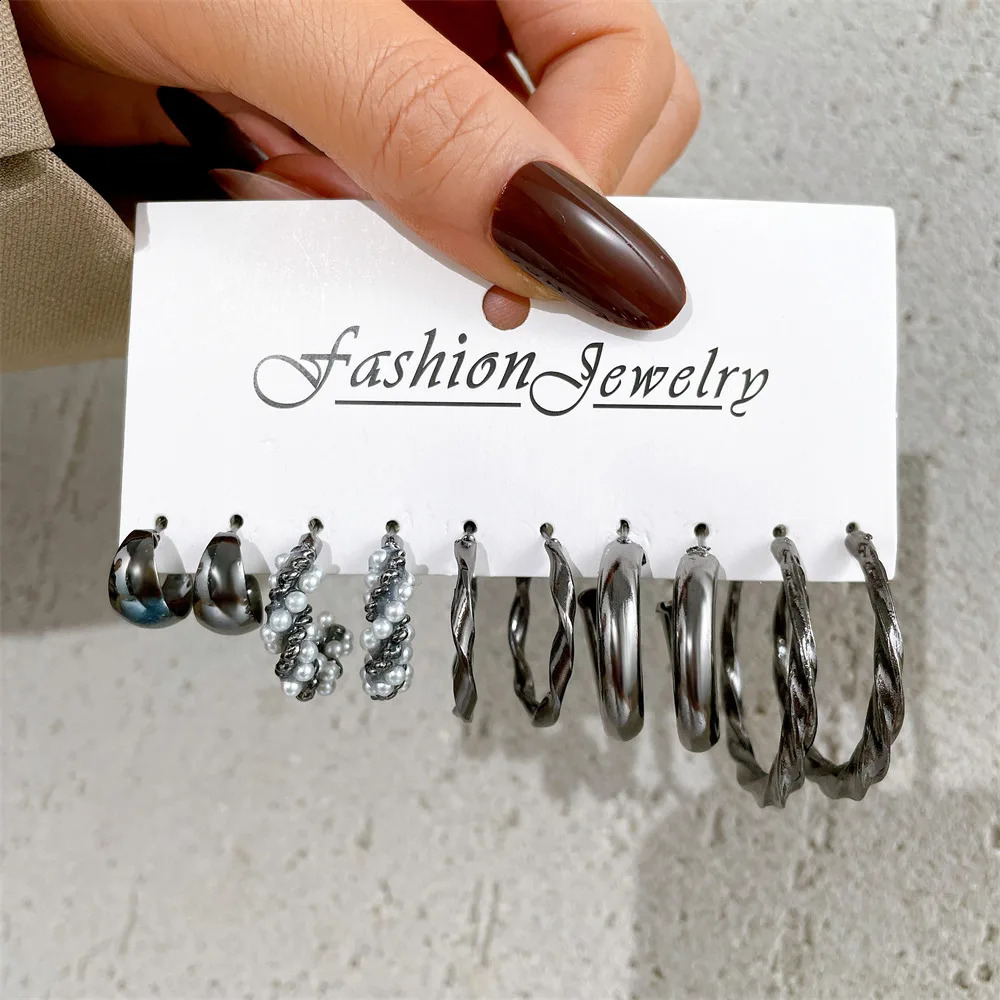 Fashion Gold Black Metal Resin Earring Set for Women Retro Geometric Round Pearl Heart Butterfly Pendant Earrings Jewelry 240925
