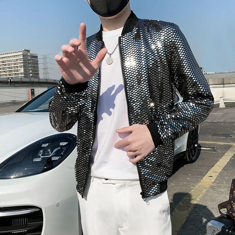Fine Fashion Sequin Casual Mens Slim Jacket Lightweight Standup Collar Coat Bomber 240924