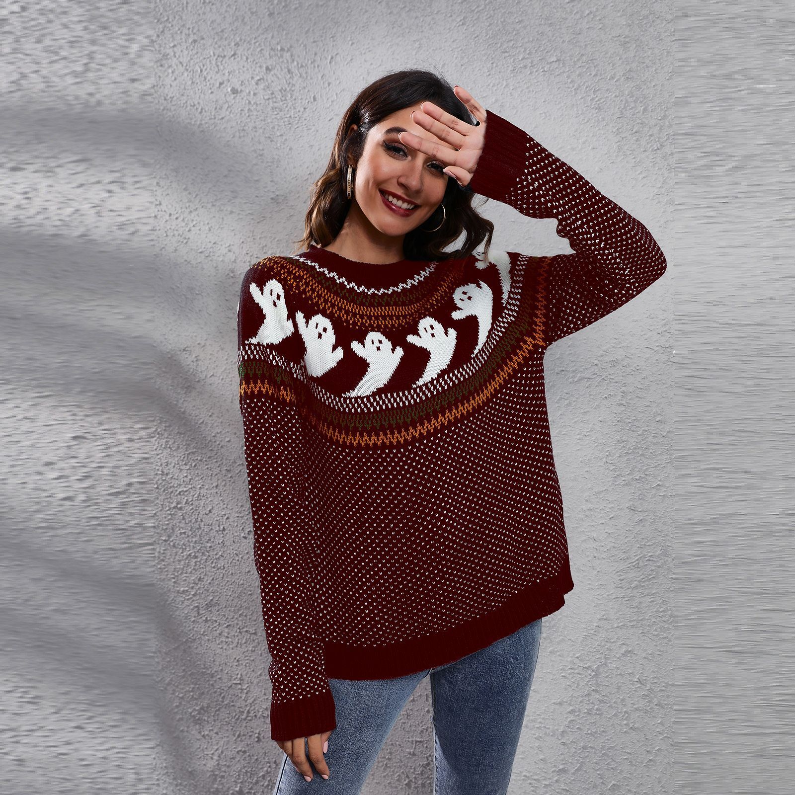 Autumn Winter Women's Knitted Round Neck Pullover Halloween Ghost Retro Polka Dot Loose Long-sleeved Sweater