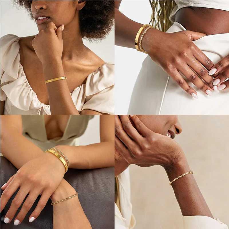 Stackable gold bracelet bracelet suitable for girls 14K gold-plated cubic zirconia tennis bracelet stainless steel jewelry gift W240925