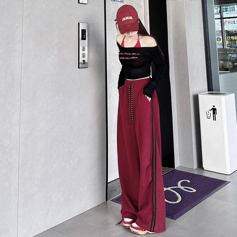 Wide sports pants for women, 2024 autumn and winter new style paratrooper pants, loose fit, high waisted, slimming, casual, tied straight leg sweatpan