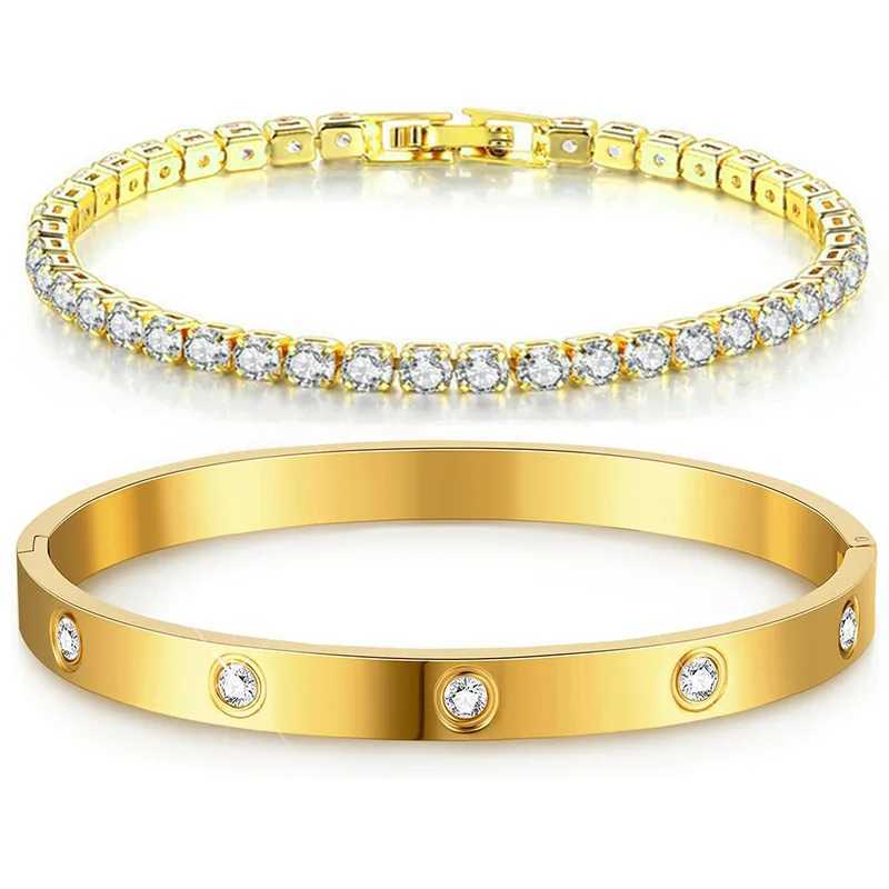Stackable gold bracelet bracelet suitable for girls 14K gold-plated cubic zirconia tennis bracelet stainless steel jewelry gift W240925