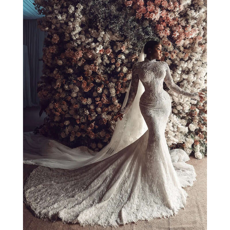 Chart Vintage Dress Mermaid High Neck Fulllace Long Sleeves Plus Size Wedding Dresses Bridal Gowns Button Back Sweep Train Lacefull Robe De Mariage Es