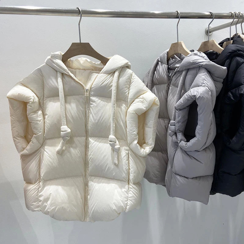 Lagabogy Winter Womens Chic Hooded Zipper Inflatable Coat 90% White Duck Down Vest Womens Casual Loose Sleeveless Warm Tank Top 240925
