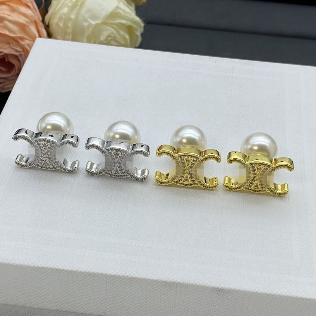 Gorgeous Original designer branded engrave back diamond pearl letter stud Earring 18k Gold Silver studs Earrings Women girls Wedding Party love Jewelry