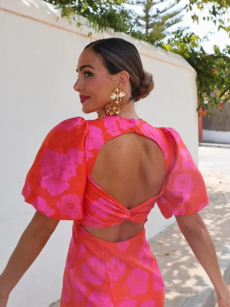Rose Red Print Puff Short Sleeve Jacquard Mini Dress Fashion Square Neck Backless Hollow Out Slim Dresses Summer Party Vestidos 240921