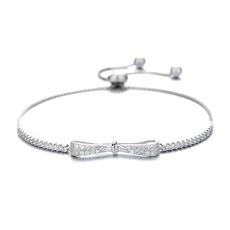 Real 925 sterling silver bow bracelet suitable for womens shiny zircon tennis hard bracelet mens wedding party jewelry gift W240925
