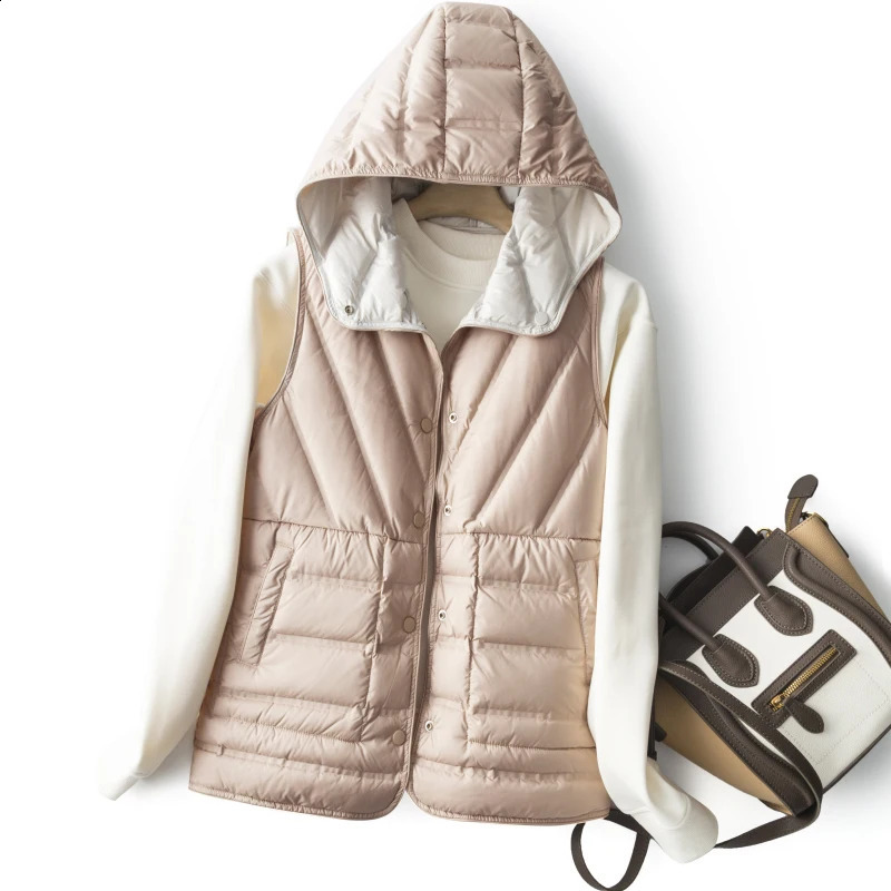 Janveny womens ultra light white duck down vest sleeveless jacket hooded high-quality double-sided foam gold-plated womens vest 240925