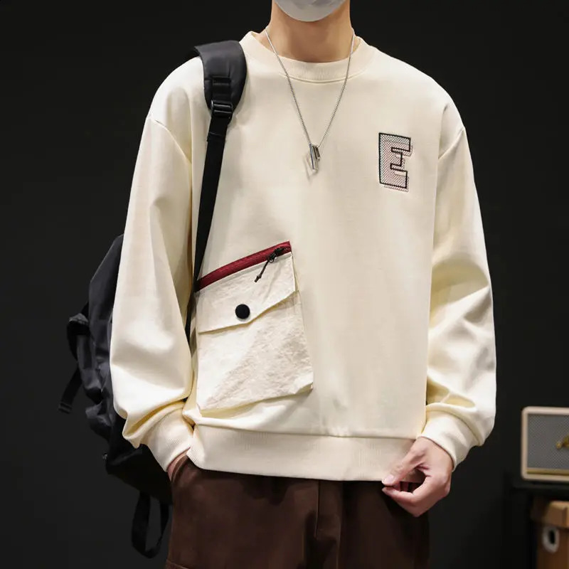Men Trendy Simple Casual Embroidery Streetwear Sweatshirts Y2K O Neck Long Sleeve Loose Pocket All Match Pullover Tops Sudadera 240919
