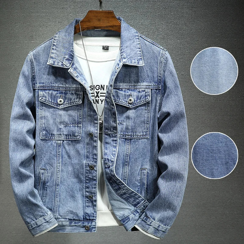 Mens casual jacket light blue washed thin collar elastic mens denim fashion trend 240921