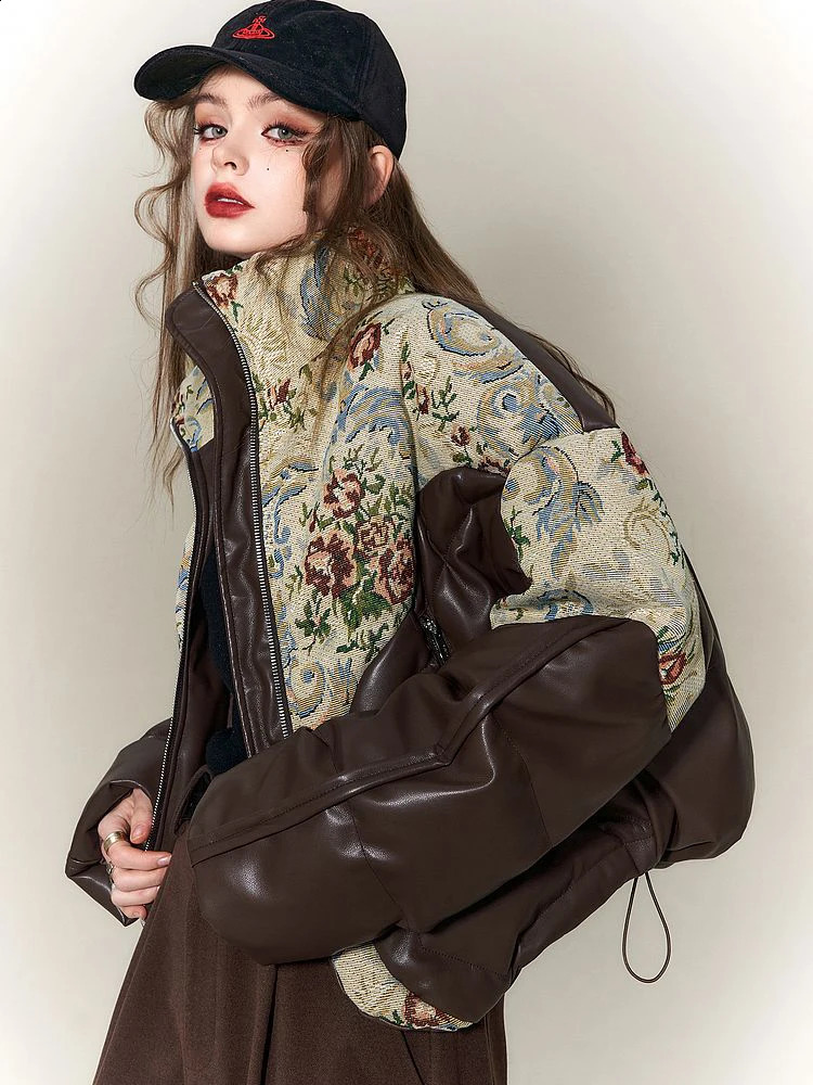 Winter Vintage Coat Womens Winter PU leather Parka Waterproof Embroidered Jacquard Jacket down Thick Warm Outerwear 240918