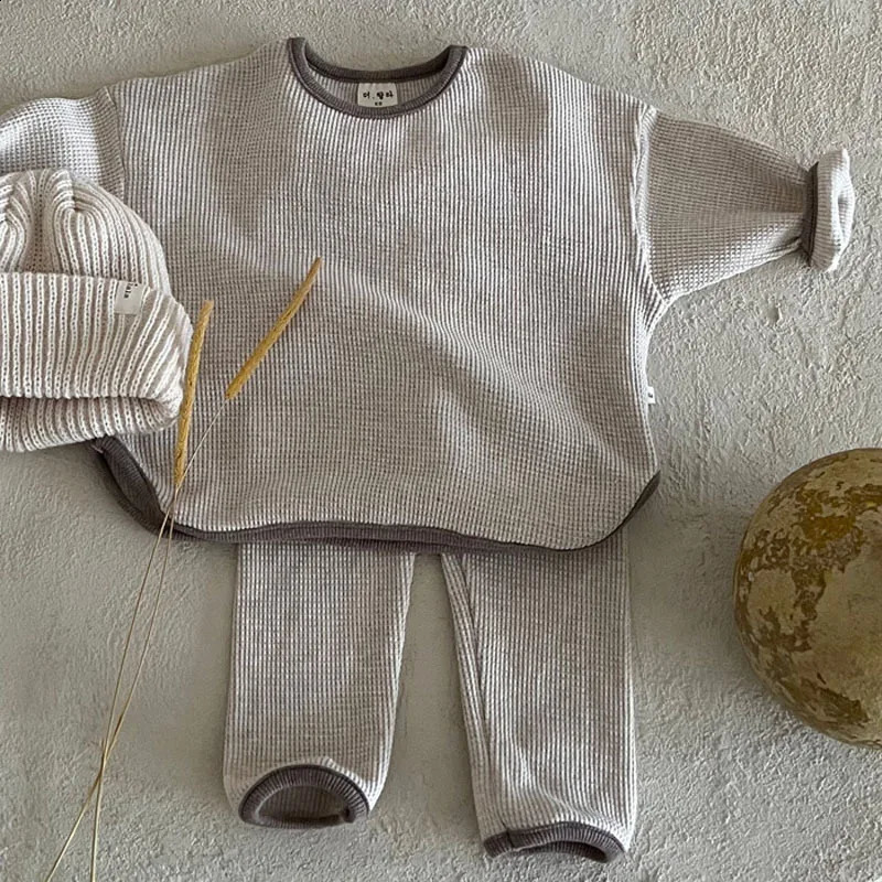 Korean Autumn Baby Set Preschool Leisure Loose Childrens Waffle Sweater Pants Two Piece Boys Clothing 240925