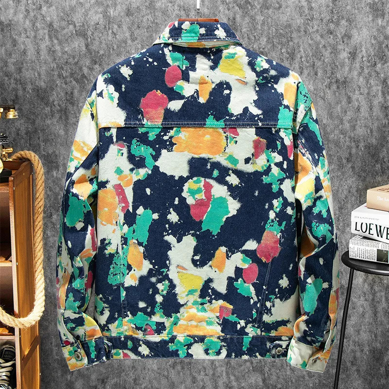 Mens Forest Camouflage Print Denim Jacket Loose Turn Down Collar Cargo Jean Coat Pockets Outerwear 240913