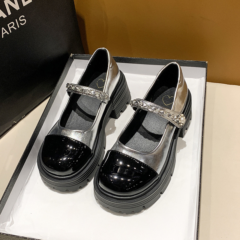 Mary Jane women's high heels new shallow mouth height increasing small size single shoes women's pearl thick heel thick soled leather shoes 