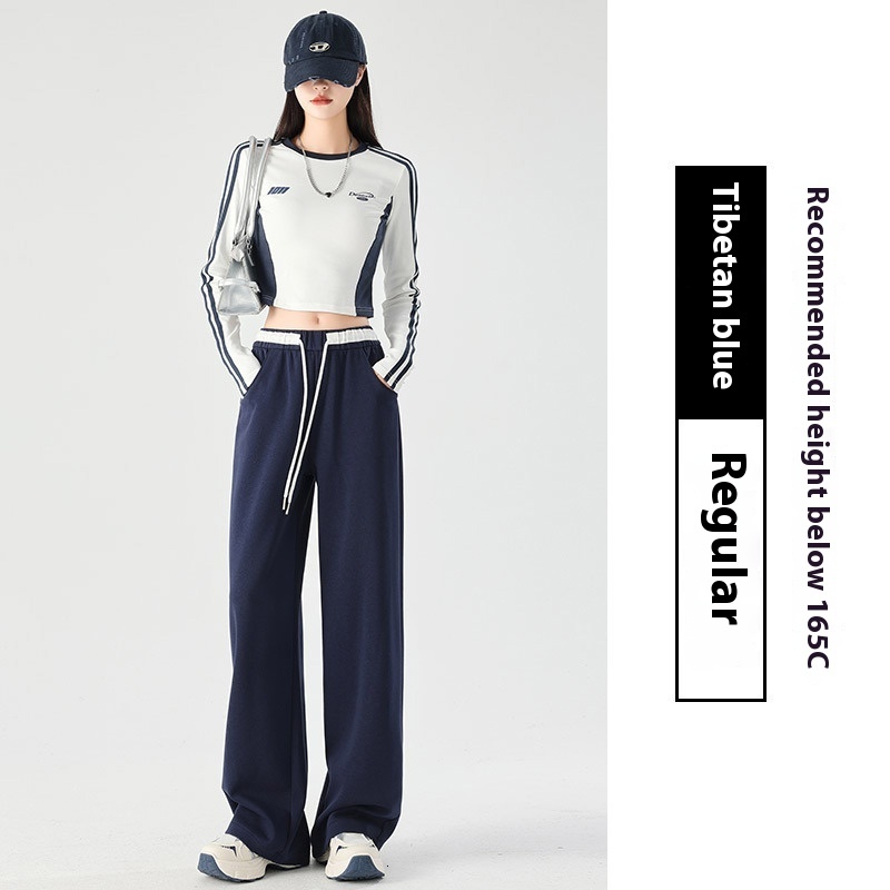 Color blocking American sports for women's autumn and winter sweatpants, high waisted loose design, lace up pants, casual straight wide leg pants
