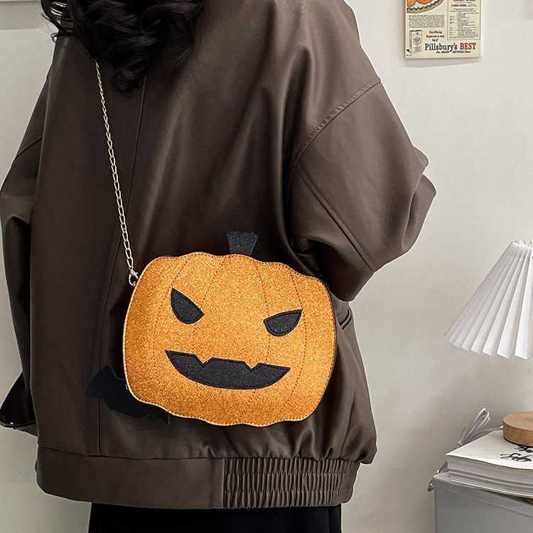 Luggage Mock Monster Pumpkin, Small Square Bag Fun Halloween Women's Bag, Sparkling Chain, Crossbody Bag 240915