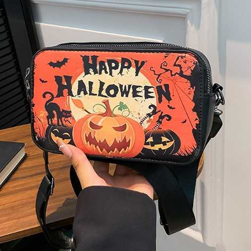 Trendy and fashionable Halloween shoulder bag women's bag pumpkin wide shoulder strap small square bag versatile crossbody bag 240915