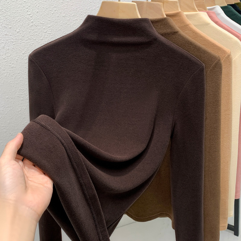 2024 New Designer Women's Half High Collar German Velvet Bottom Sweater Double sided Velvet T-shirt Warm Matching Belt Top